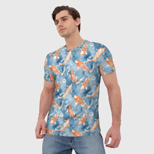 Мужская футболка 3D с принтом Золотые рыбки паттерн, фото на моделе #1