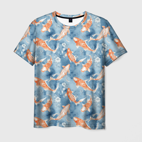 Мужская футболка 3D с принтом Золотые рыбки паттерн, вид спереди #2