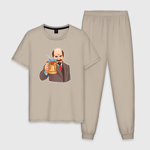 Мужская пижама хлопок Ленин пьёт чай, цвет миндальный