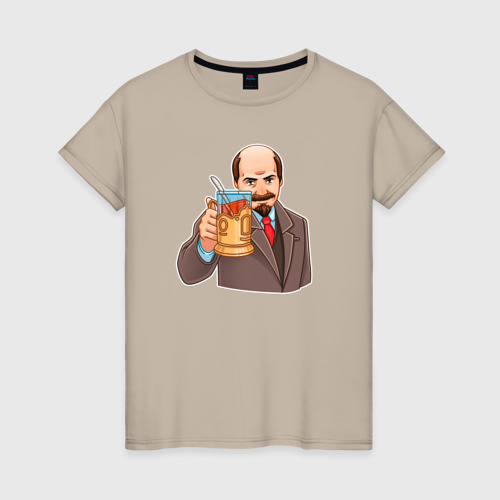 Женская футболка хлопок Ленин пьёт чай, цвет миндальный