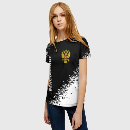 Женская футболка 3D с принтом Бейсболист из России и герб РФ: надпись, символ, фото на моделе #1