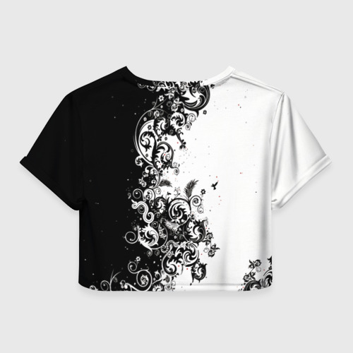 Женская футболка Crop-top 3D Черно-белая птица среди узорчатых цветов, цвет 3D печать - фото 2