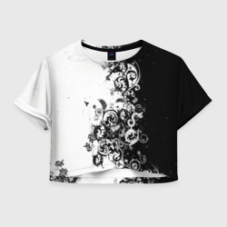 Женская футболка Crop-top 3D Черно-белая птица среди узорчатых цветов