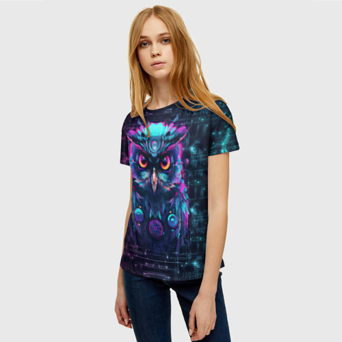 Женская футболка 3D Сова в стиле Киберпанк, цвет 3D печать - фото 3