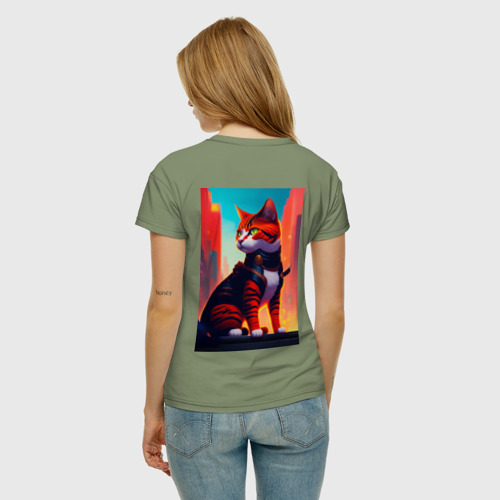 Женская футболка хлопок с принтом Кот самурай на фоне города, вид сзади #2