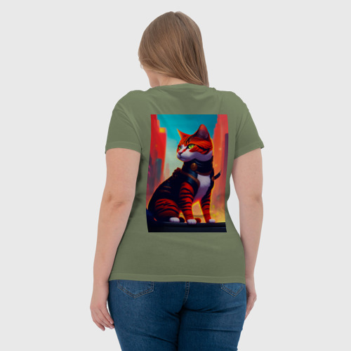 Женская футболка хлопок с принтом Кот самурай на фоне города, вид сзади #2