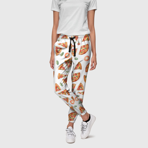 Женские брюки 3D Кусочки пиццы - паттерн на белом, цвет 3D печать - фото 3