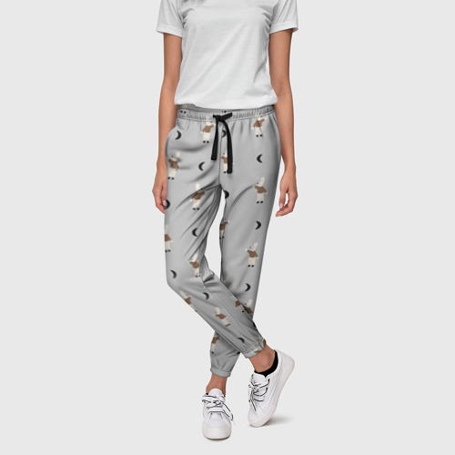 Женские брюки 3D Зайка и луна - паттерн серый, цвет 3D печать - фото 3