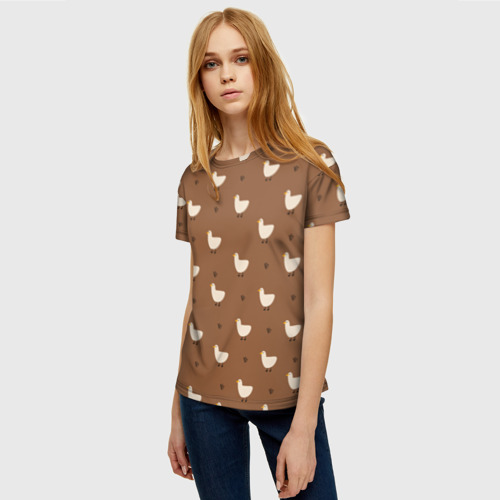 Женская футболка 3D Гуси и травка - паттерн коричневый, цвет 3D печать - фото 3