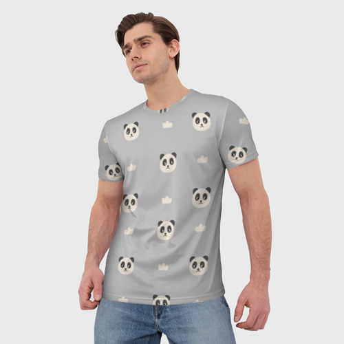 Мужская футболка 3D с принтом Пандочки и облачка - паттерн серый, фото на моделе #1