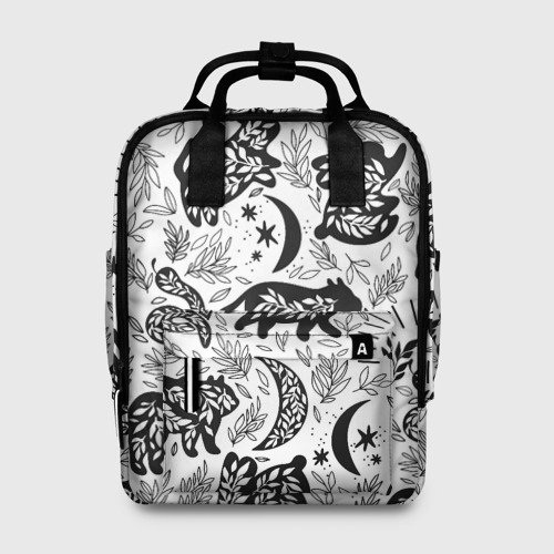 Женский рюкзак 3D с принтом Веточки и лесные звери - паттерн, вид спереди #2