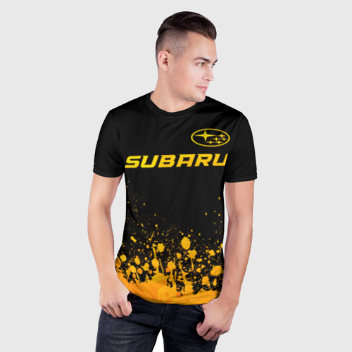 Мужская футболка 3D Slim Subaru - gold gradient: символ сверху, цвет 3D печать - фото 3