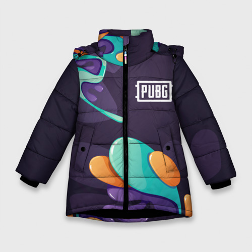 Зимняя куртка для девочек 3D с принтом PUBG graffity splash, вид спереди #2