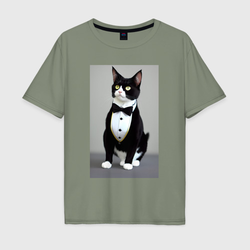 Мужская футболка хлопок Oversize с принтом Кот джентльмен - мем - нейросеть, вид спереди #2