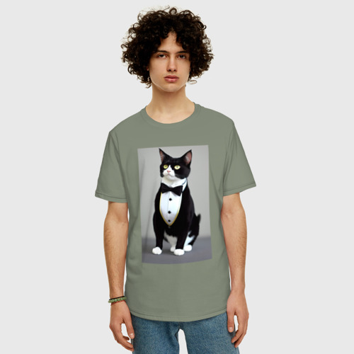 Мужская футболка хлопок Oversize с принтом Кот джентльмен - мем - нейросеть, фото на моделе #1