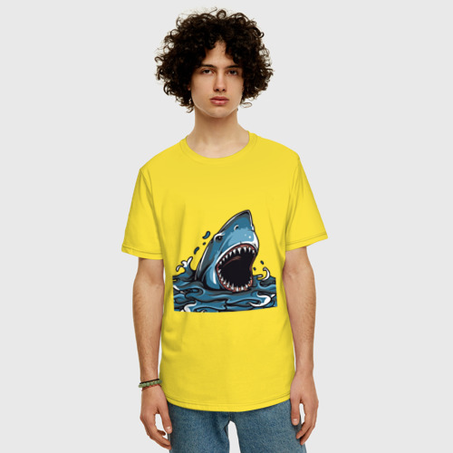 Мужская футболка хлопок Oversize с принтом Голова акулы с раскрытой челюстью, фото на моделе #1