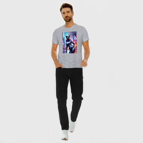 Мужская футболка хлопок Slim с принтом Модная кошечка в ночном городе, вид сбоку #3