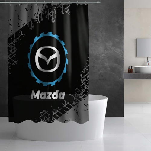 Штора 3D для ванной Mazda в стиле Top Gear со следами шин на фоне - фото 2