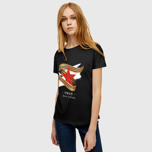 Женская футболка 3D 9 мая - Георгиевская лента с красной звездой черная версия, цвет 3D печать - фото 3