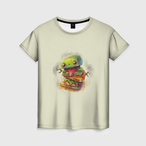 Женская футболка 3D с принтом Зеленый робо-бургер, вид спереди #2