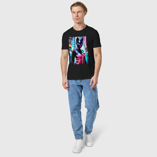 Мужская футболка хлопок Девушка-кошка - Киберпанк - нейросеть, цвет черный - фото 5