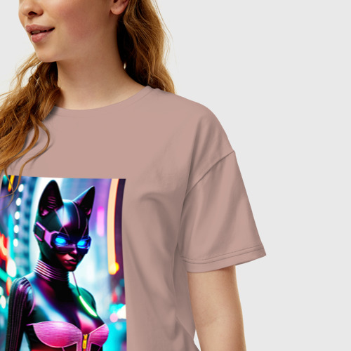 Женская футболка хлопок Oversize с принтом Девушка-кошка - киберпанк -  нейросеть, фото на моделе #1
