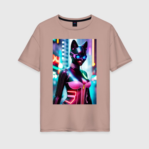 Женская футболка хлопок Oversize с принтом Девушка-кошка - киберпанк -  нейросеть, вид спереди #2