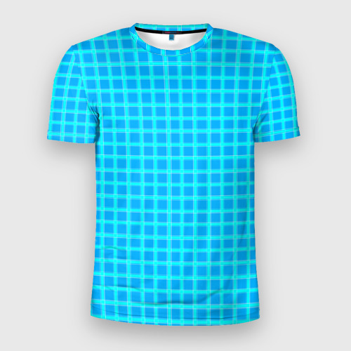 Мужская футболка 3D Slim с принтом Небесно голубой узор в клетку, вид спереди #2