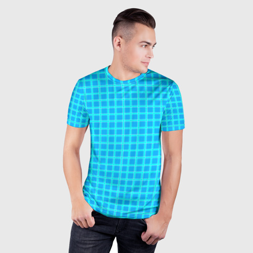 Мужская футболка 3D Slim с принтом Небесно голубой узор в клетку, фото на моделе #1