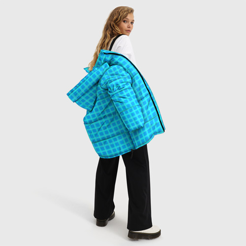 Женская зимняя куртка 3D с принтом Небесно голубой узор в клетку, вид сбоку #3