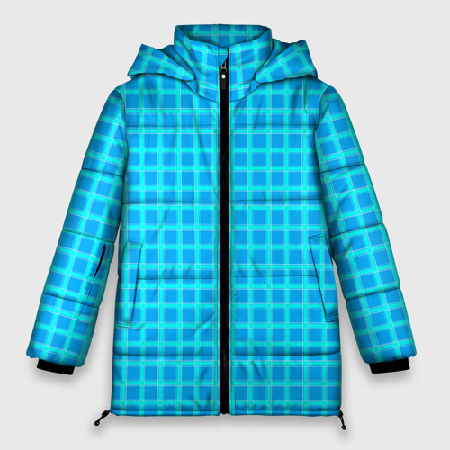Женская зимняя куртка 3D с принтом Небесно голубой узор в клетку, вид спереди #2