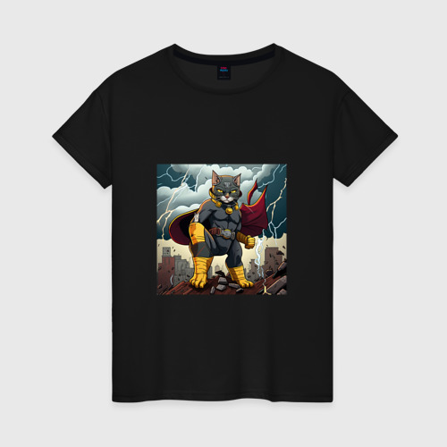 Женская футболка хлопок с принтом Кот супергерой, вид спереди #2