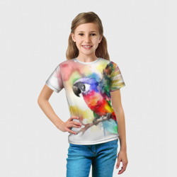 Футболка с принтом Разноцветный акварельный попугай для ребенка, вид на модели спереди №3. Цвет основы: белый