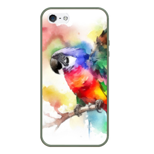 Чехол для iPhone 5/5S матовый Разноцветный акварельный попугай, цвет темно-зеленый