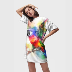 Платье-футболка 3D Разноцветный акварельный попугай - фото 2