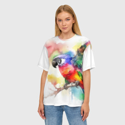 Женская футболка oversize 3D Разноцветный акварельный попугай - фото 2