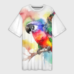 Платье-футболка 3D Разноцветный акварельный попугай