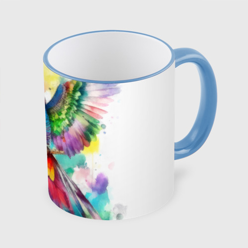 Кружка с полной запечаткой Разноцветный акварельный попугай с расправленными крыльями, цвет Кант небесно-голубой - фото 3