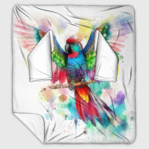 Плед с рукавами с принтом Разноцветный акварельный попугай с расправленными крыльями, вид спереди #2