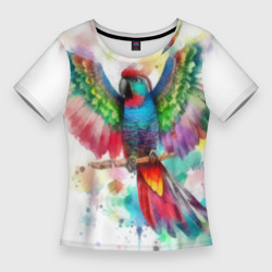 Женская футболка 3D Slim Разноцветный акварельный попугай с расправленными крыльями