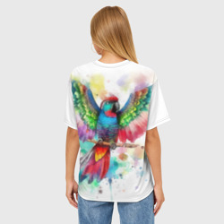 Футболка с принтом Разноцветный акварельный попугай с расправленными крыльями для женщины, вид на модели сзади №2. Цвет основы: белый