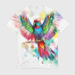 Мужская футболка 3D Разноцветный акварельный попугай с расправленными крыльями