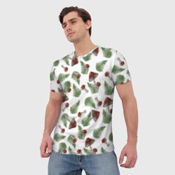Мужская футболка 3D Мухоморы и папоротник на белом - паттерн - фото 2