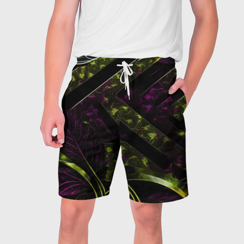 Мужские шорты 3D с принтом Темные фиолетовые и зеленые вставки, вид спереди #2