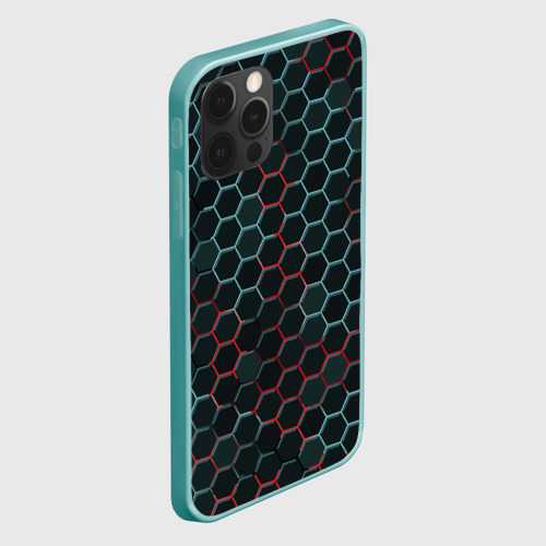 Чехол для iPhone 12 Pro Max с принтом Соты, красный и голубой неон, вид сбоку #3
