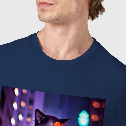 Мужская футболка хлопок Девушка-кошка в ночном городе - Киберпанк, цвет темно-синий - фото 6