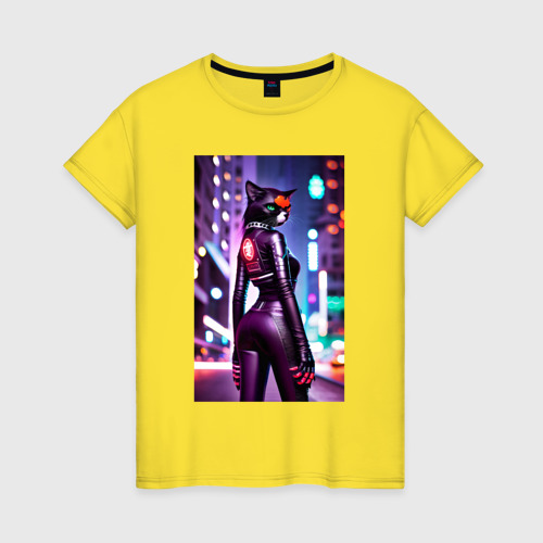 Женская футболка хлопок с принтом Девушка-кошка в ночном городе - киберпанк, вид спереди #2