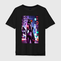 Мужская футболка хлопок Oversize Девушка-кошка в ночном городе - Киберпанк