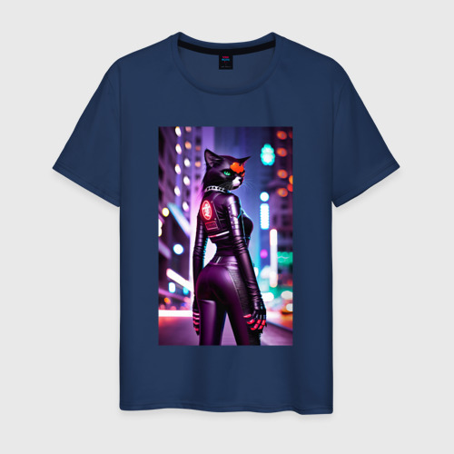 Мужская футболка хлопок Девушка-кошка в ночном городе - Киберпанк, цвет темно-синий