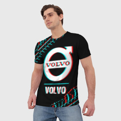 Мужская футболка 3D Значок Volvo в стиле glitch на темном фоне - фото 2